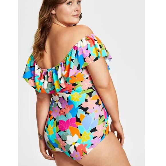 Swim Solutions Women's Multi Off-The-Shoulder Ruffled Swimsuit Size 20W - Picture 2 of 9